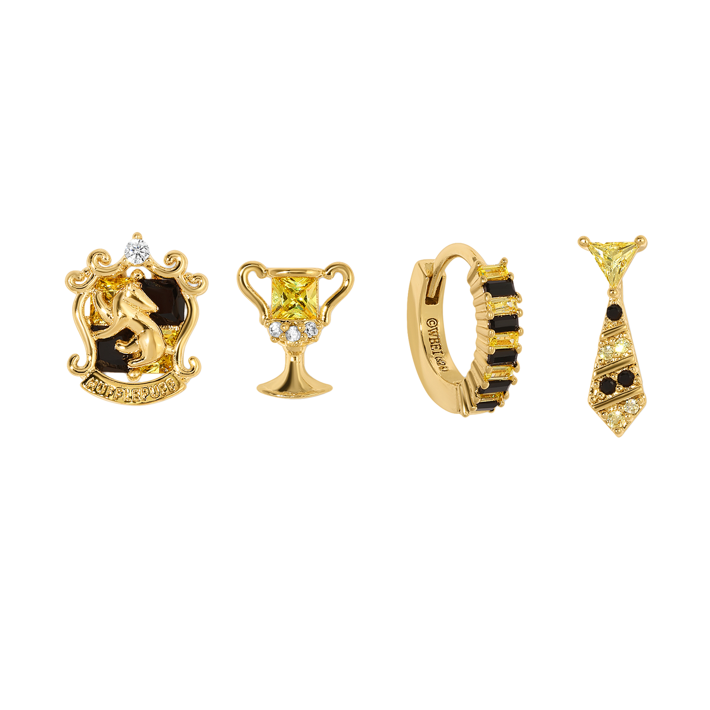 Set of four Hufflepuff gold earrings on a white background