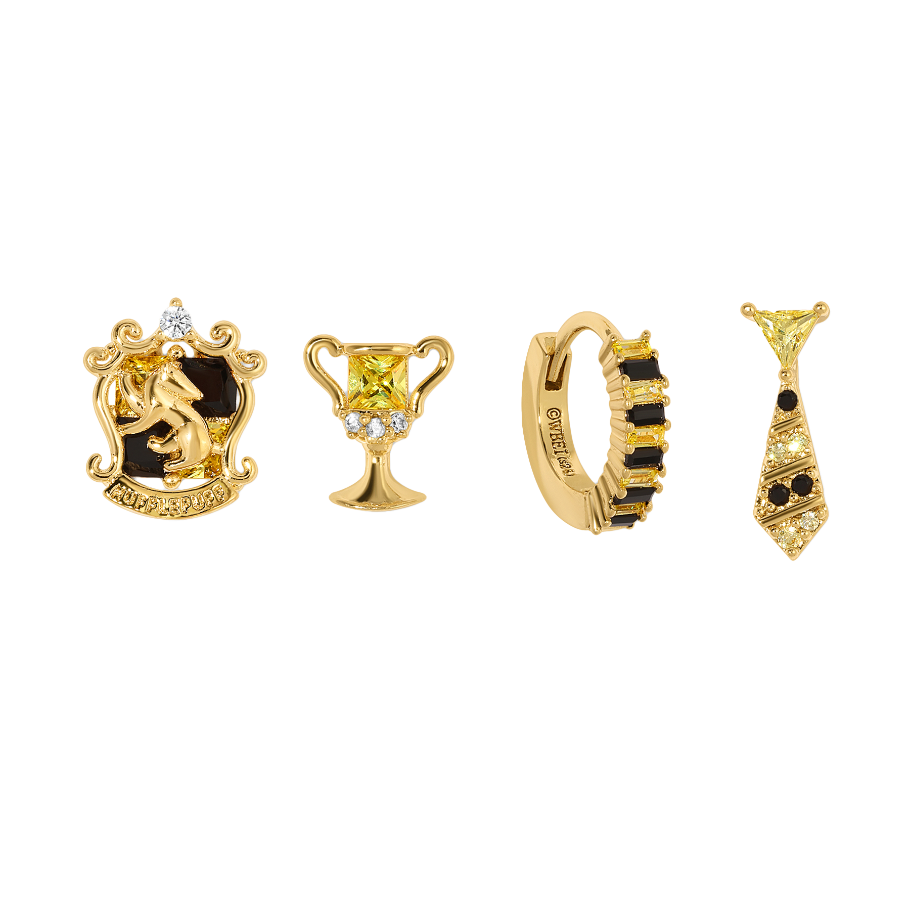 Set of four Hufflepuff gold earrings on a white background