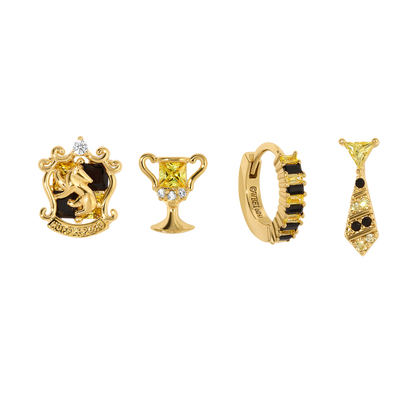 Set of four Hufflepuff gold earrings on a white background