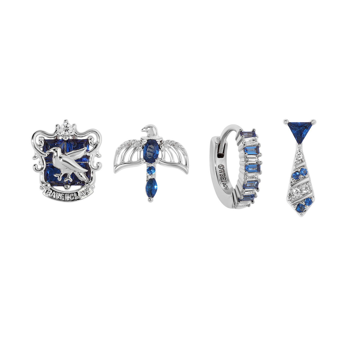 Set of silver and blue gemstone jewelry pieces on a white background