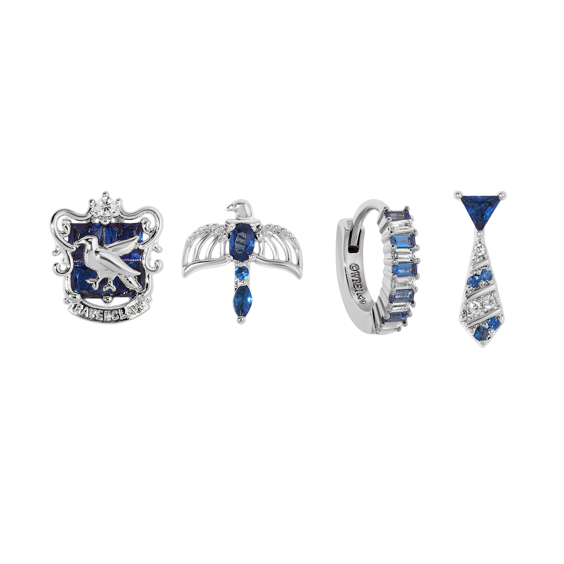 Set of silver and blue gemstone jewelry pieces on a white background