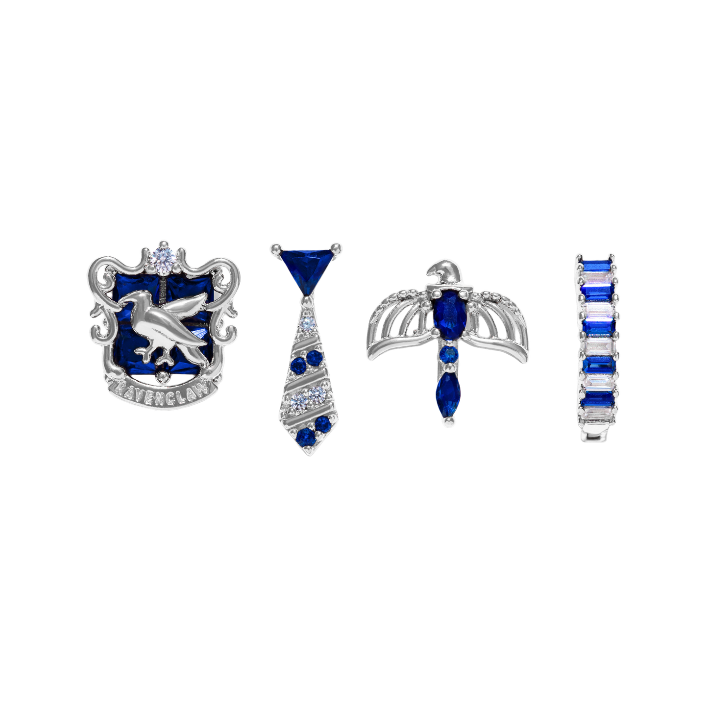Set of silver and blue Ravenclaw jewelry pieces on a white background