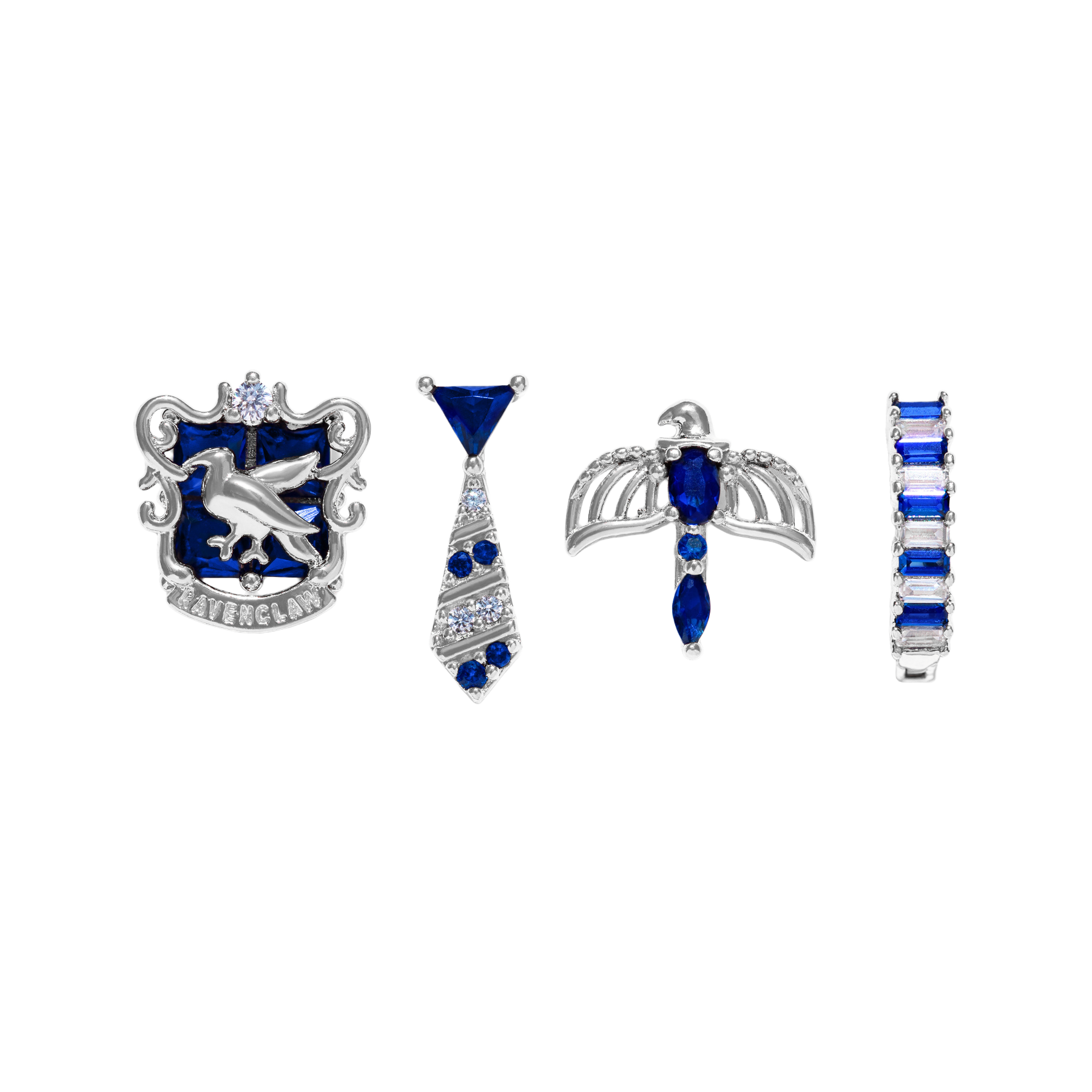 Set of silver and blue Ravenclaw jewelry pieces on a white background