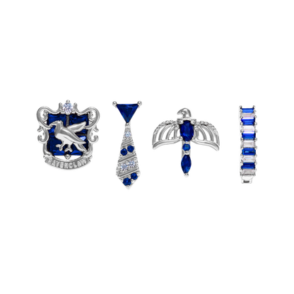 Set of silver and blue Ravenclaw jewelry pieces on a white background