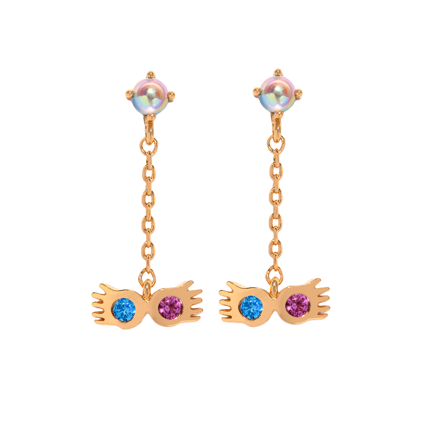 Pair of gold Spectrespecs earrings with colorful gemstones