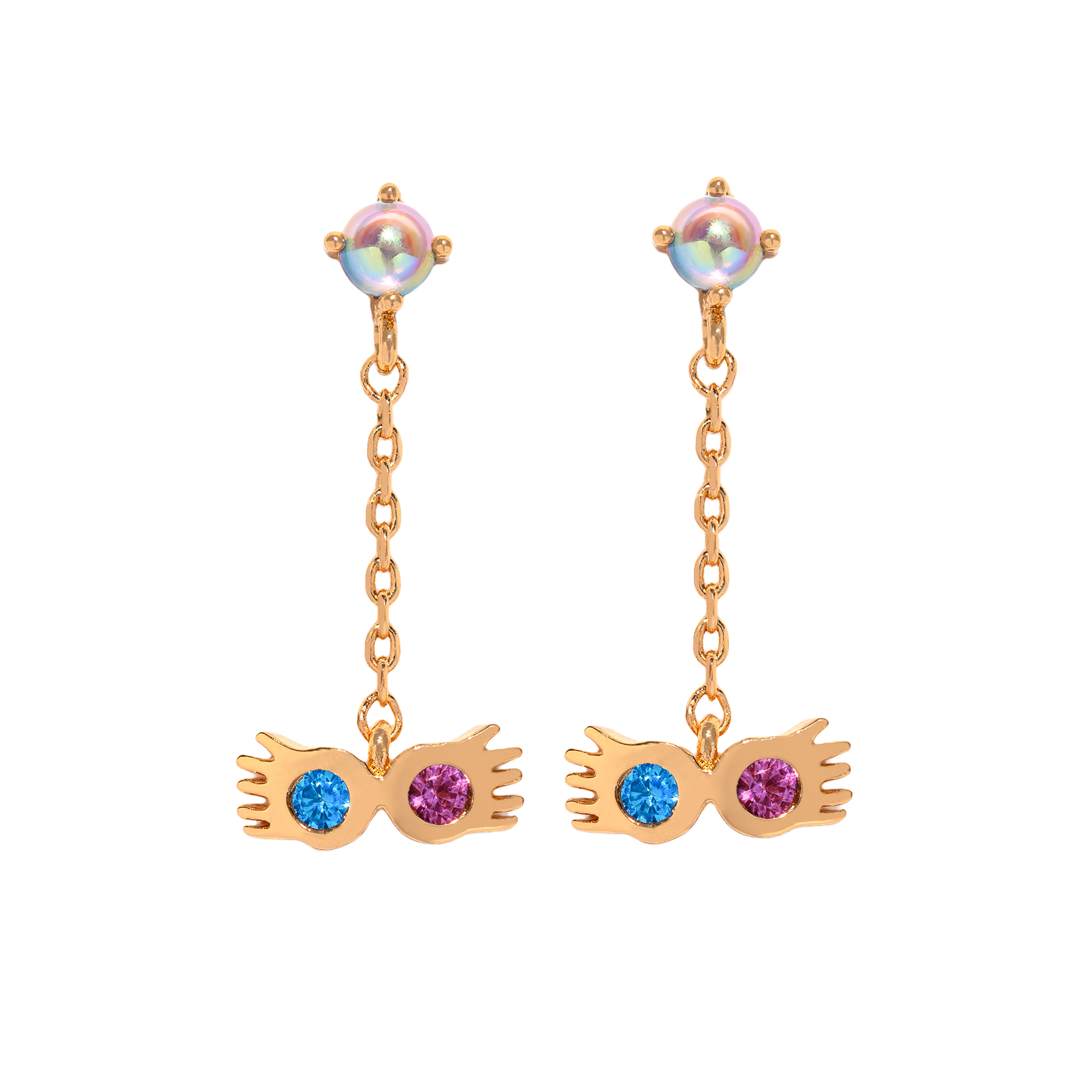Pair of gold Spectrespecs earrings with colorful gemstones