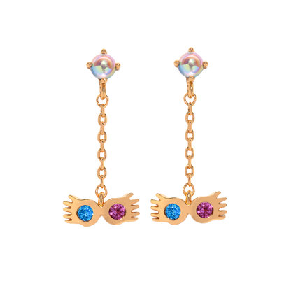 Pair of gold Spectrespecs earrings with colorful gemstones