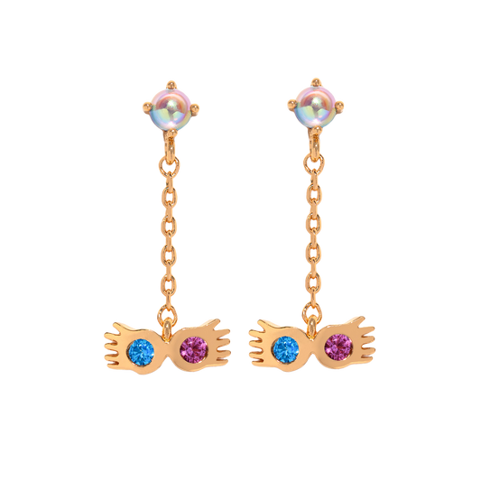Pair of gold Spectrespecs earrings with colorful gemstones