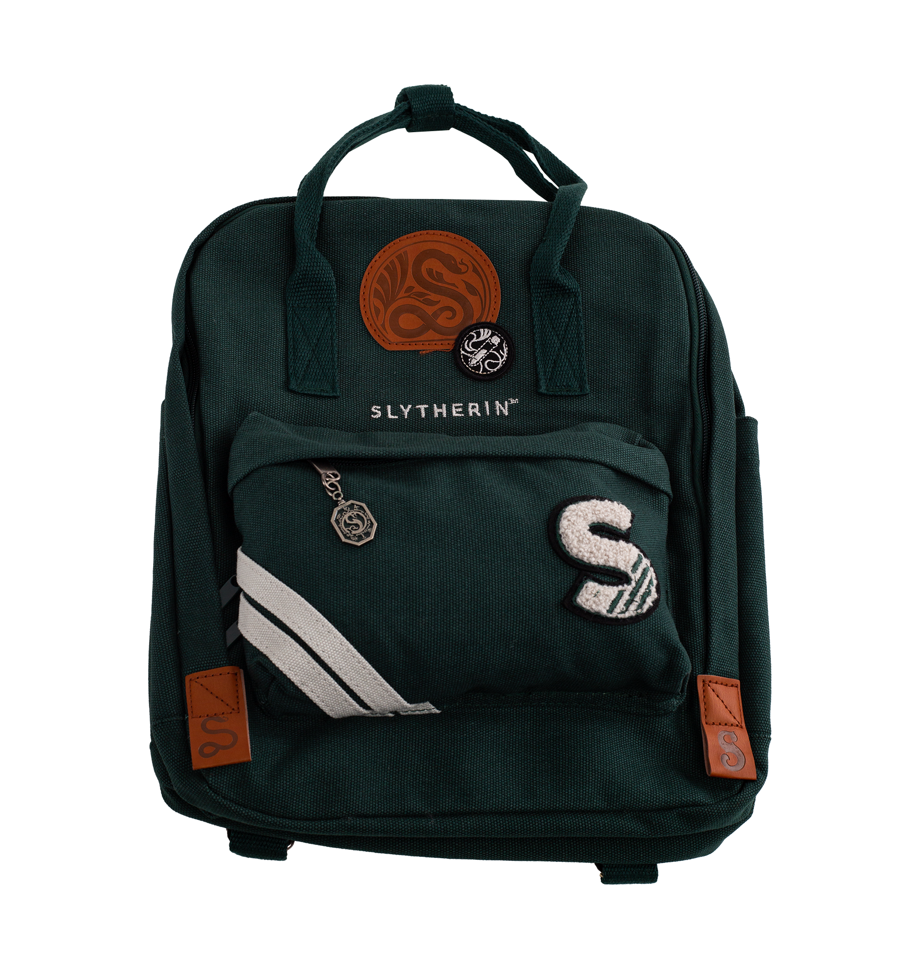 Green backpack with Slytherin emblem and patches on a white background