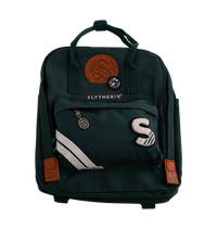 Green backpack with Slytherin emblem and patches on a white background