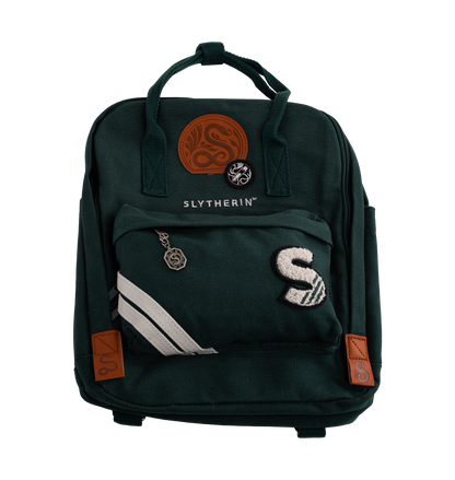 Green backpack with Slytherin emblem and patches on a white background
