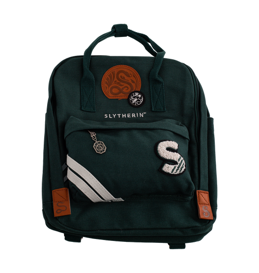 Green backpack with Slytherin emblem and patches on a white background