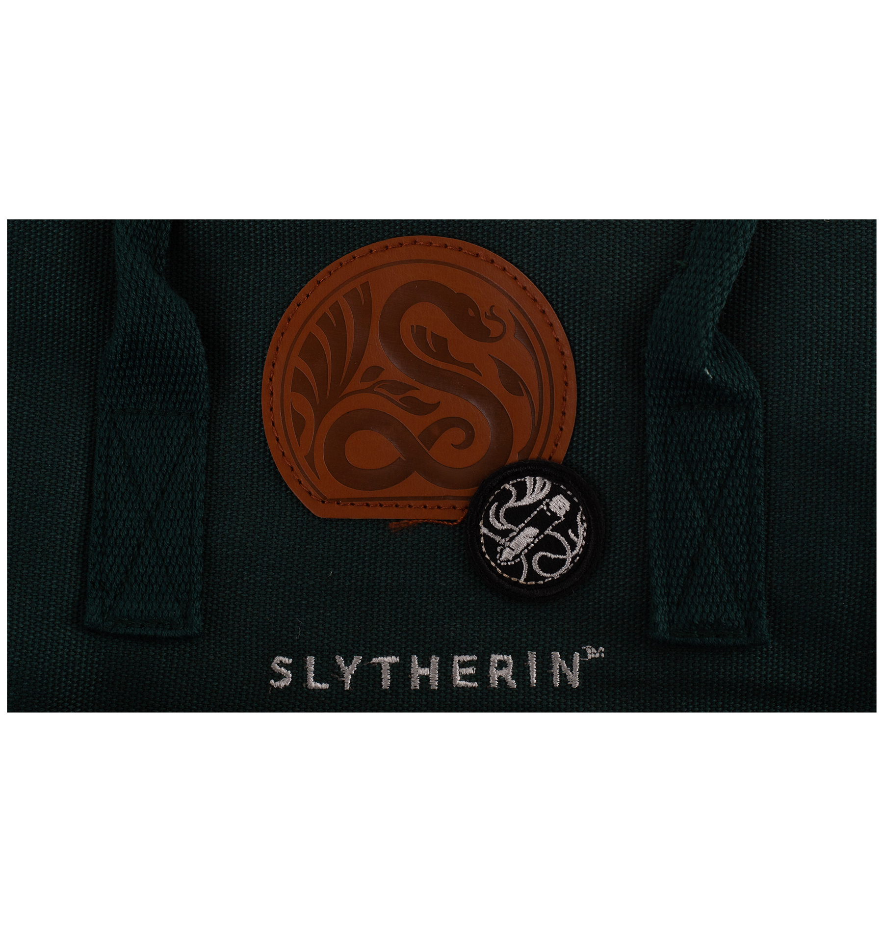 Dark green fabric with Slytherin badge and logo on a white background
