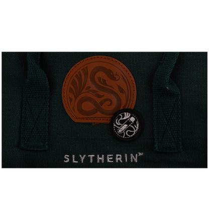 Dark green fabric with Slytherin badge and logo on a white background