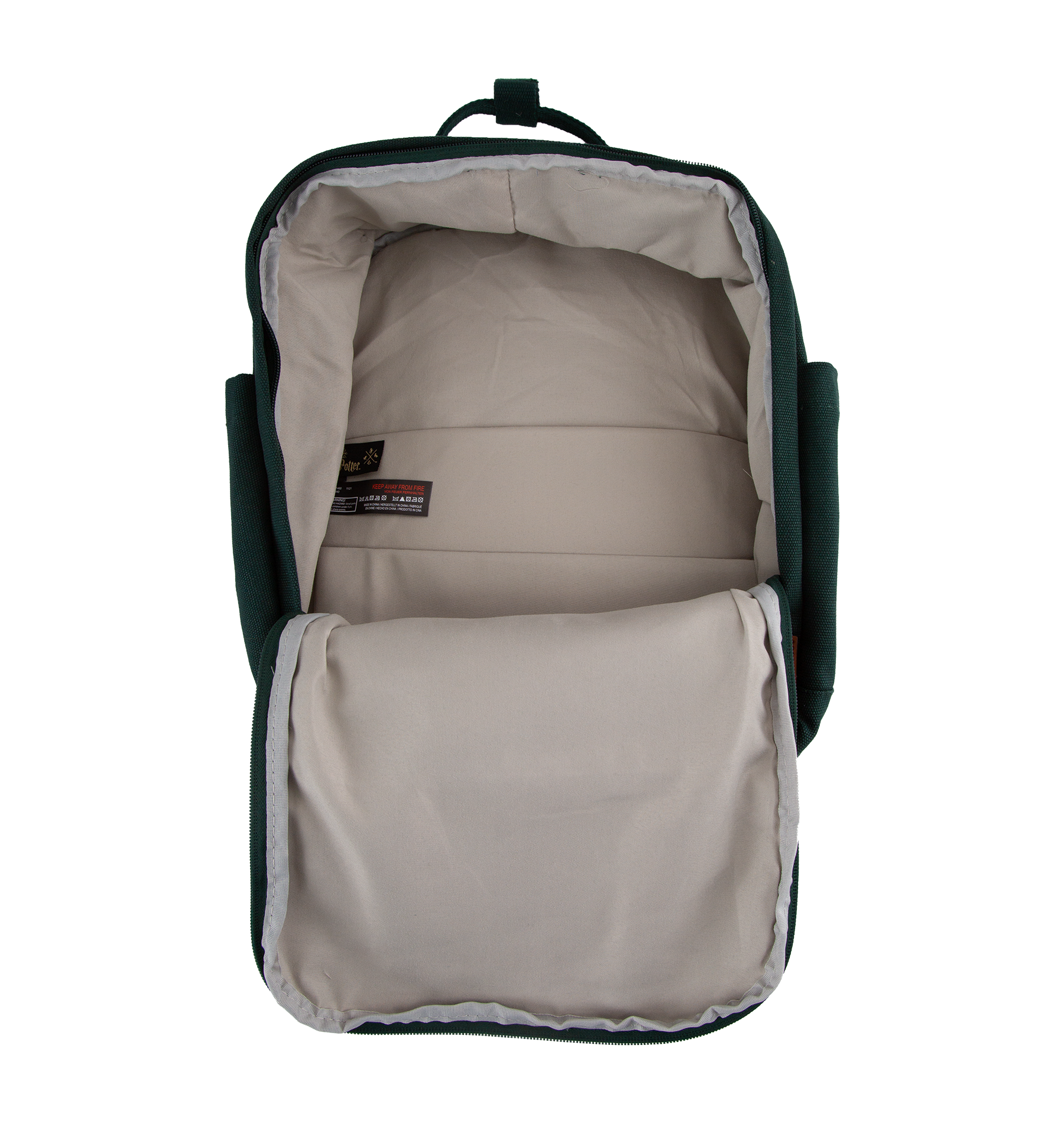 Backpack interior with visible brand label on a white background