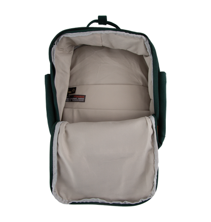 Backpack interior with visible brand label on a white background