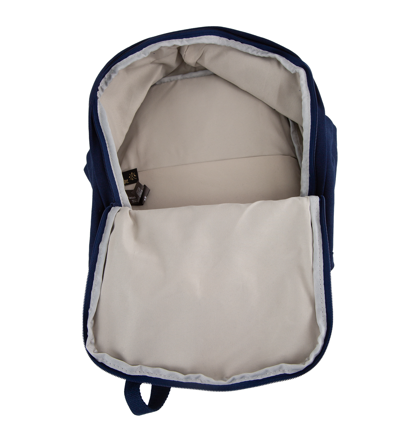 Navy blue backpack with beige interior on a white background