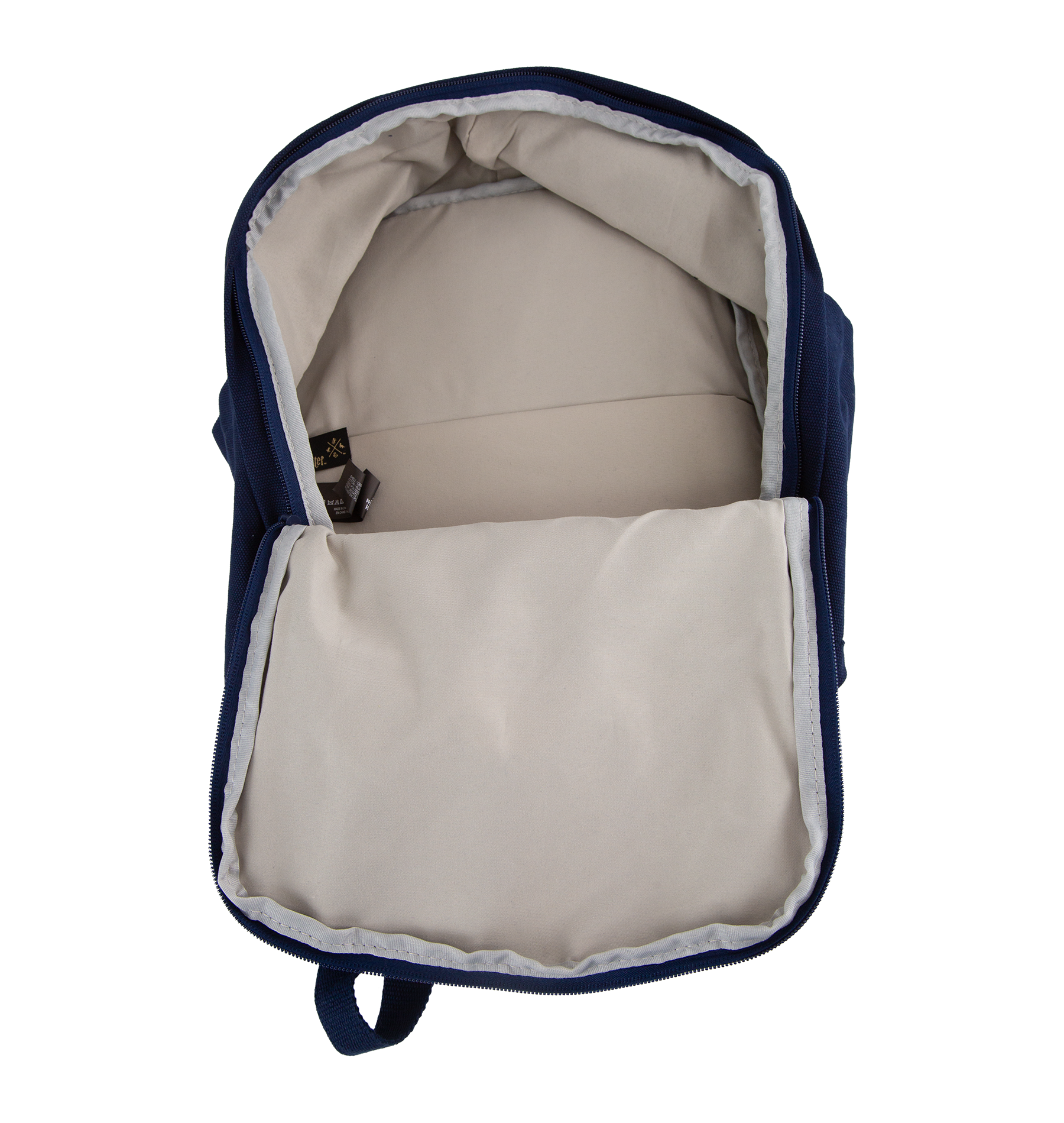 Navy blue backpack with beige interior on a white background