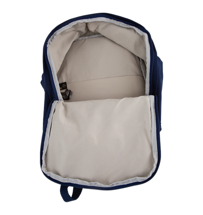 Navy blue backpack with beige interior on a white background