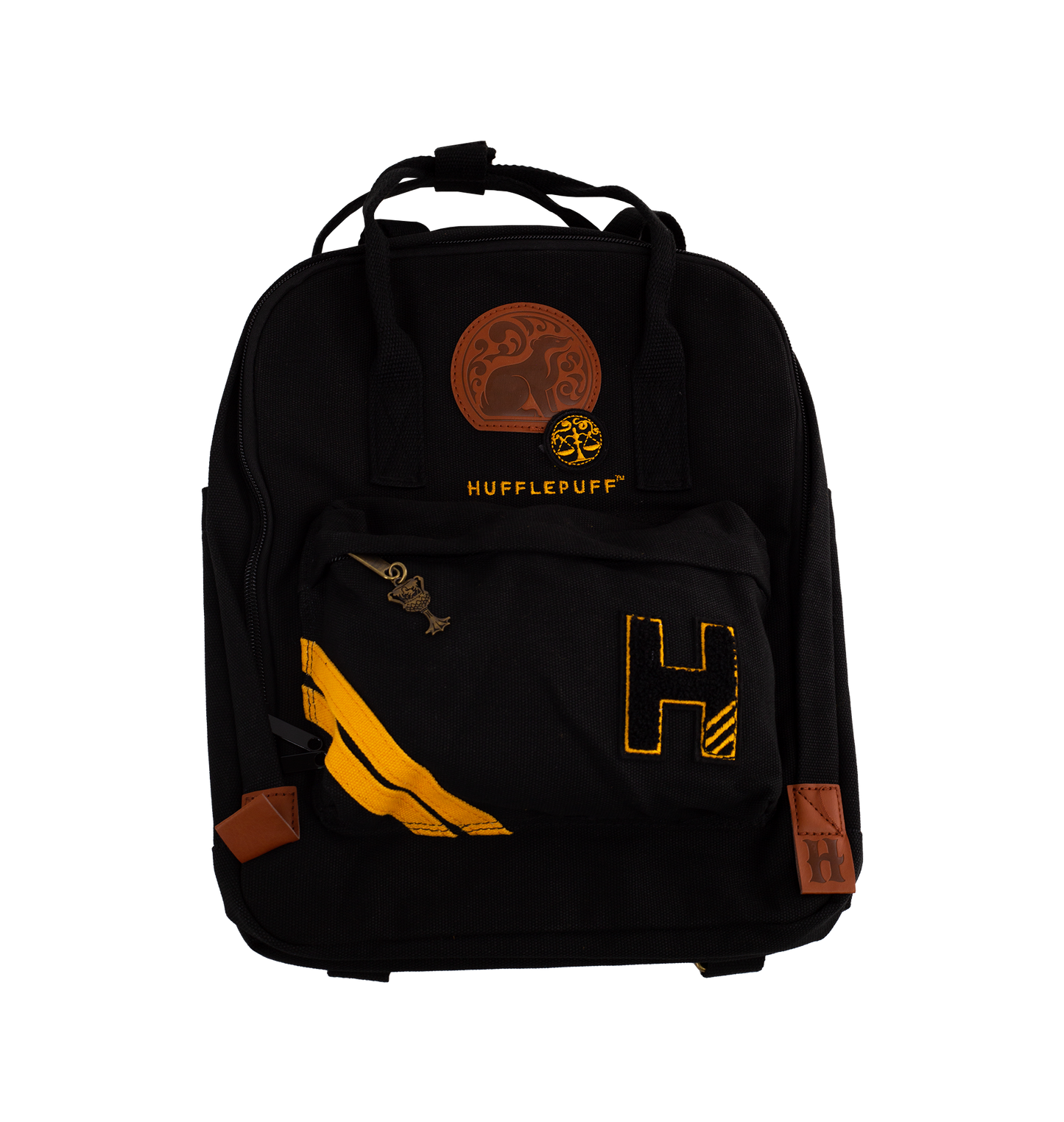 Black backpack with Hufflepuff logo and design elements on a white background