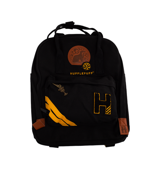 Black backpack with Hufflepuff logo and design elements on a white background