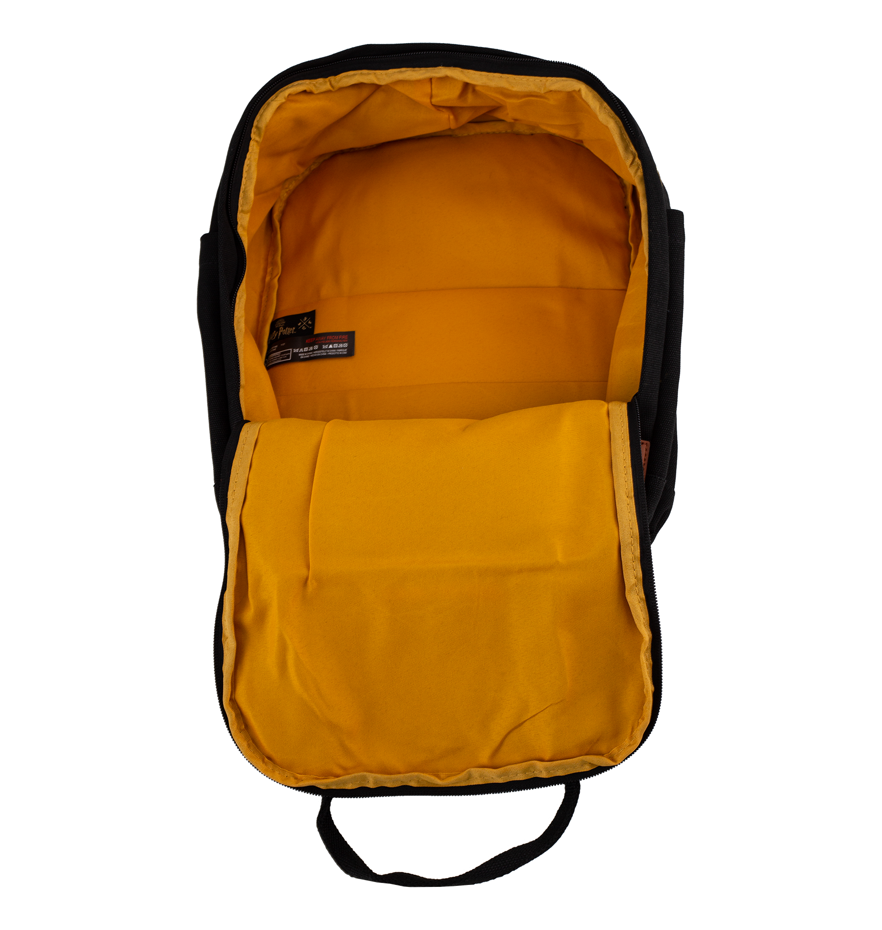 Yellow backpack interior lining with black straps on a white background
