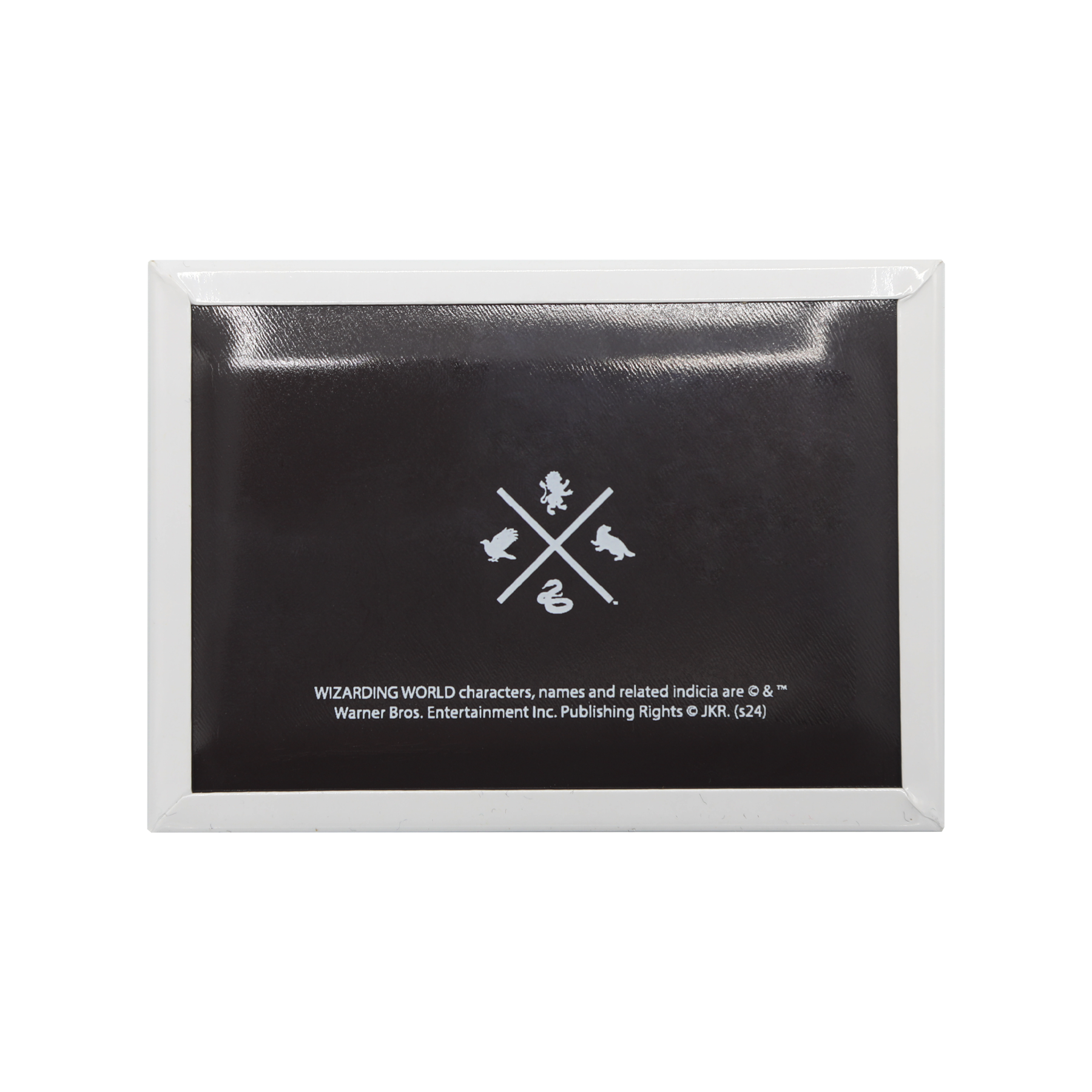 Black magnet backing with a logo and text