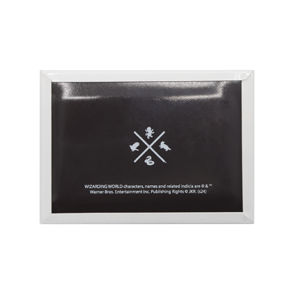 Black magnet backing with a logo and text