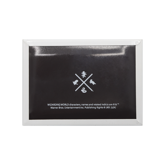 Black magnet backing with a logo and text