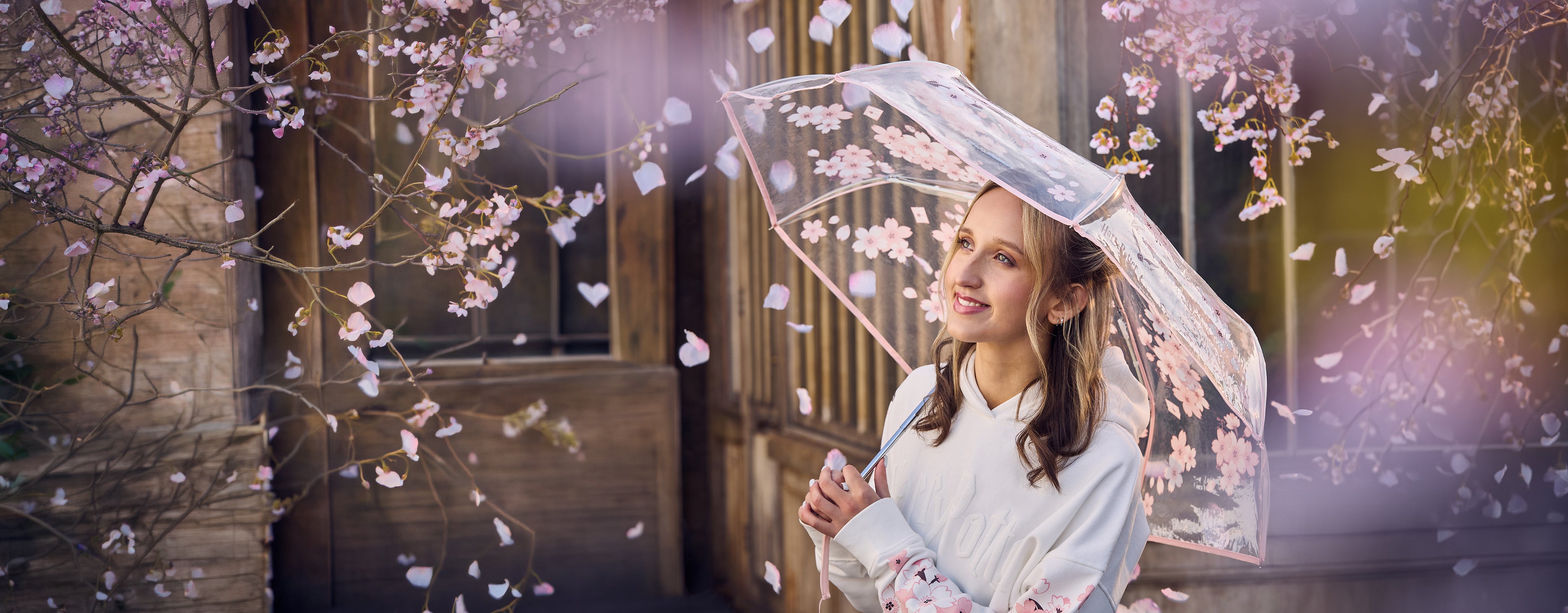 Woman in a white Sakura hoodie holding a transparent umbrella with cherry blossoms falling around her.