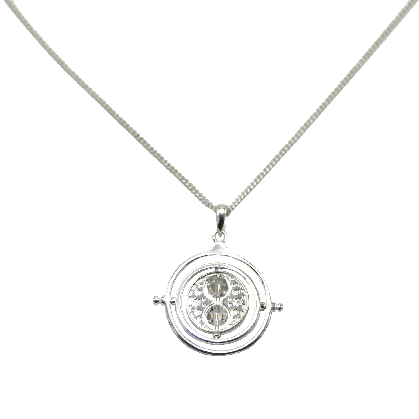 Silver Time-Turner necklace with a round pendant on a white background