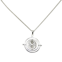 Silver Time-Turner necklace with a round pendant on a white background