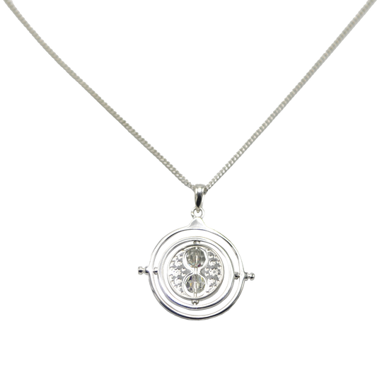Silver Time-Turner necklace with a round pendant on a white background