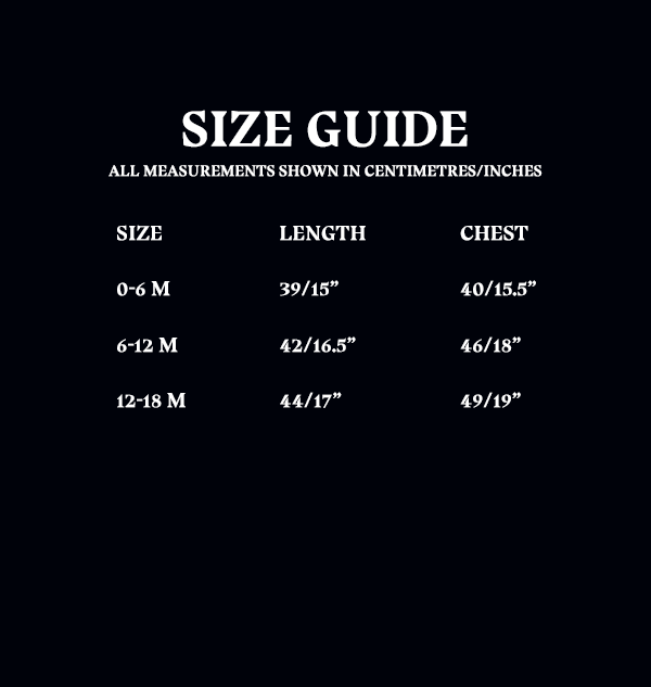 Mascot Babygrows Size Chart