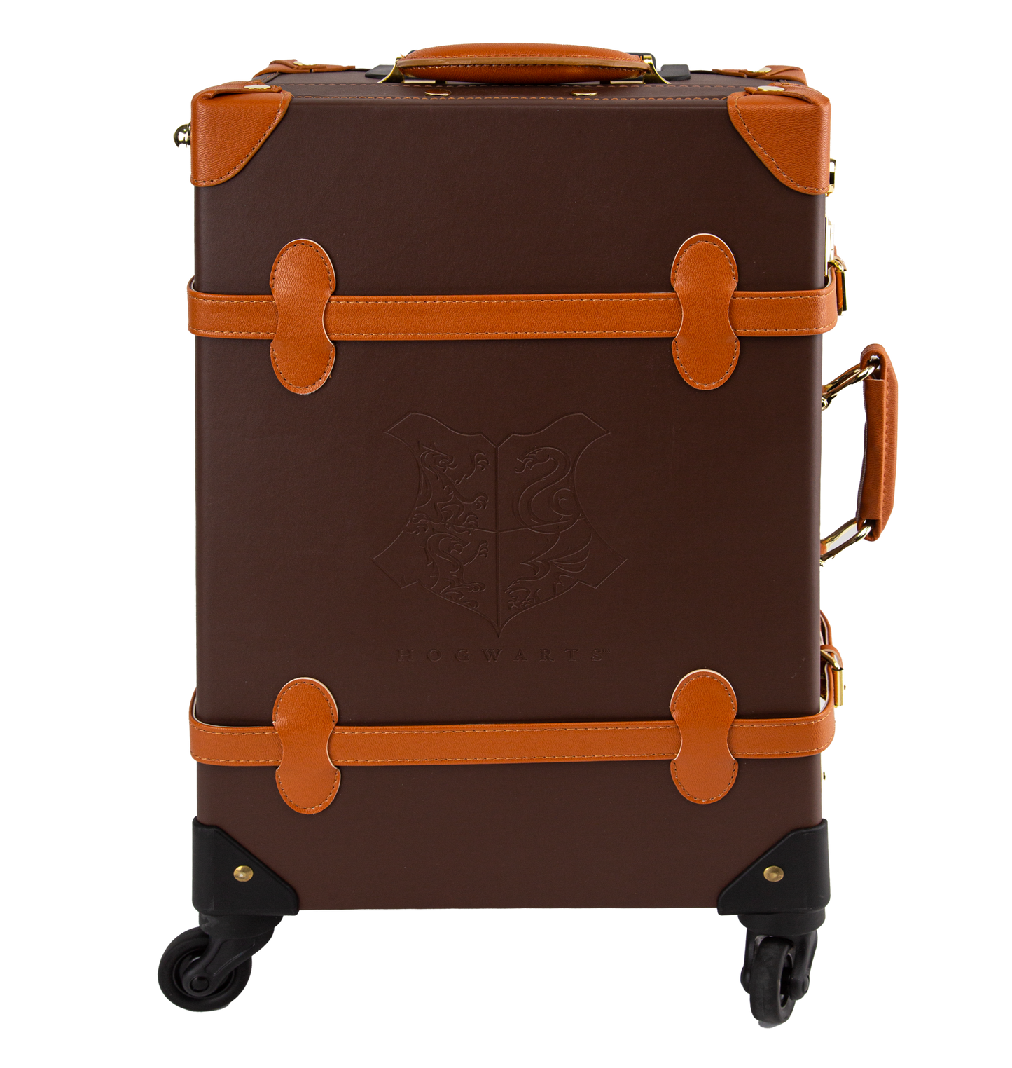 A brown travel case with orange handles and straps, featuring gold-plated clasps and a print of the Hogwarts house crest on the interior.