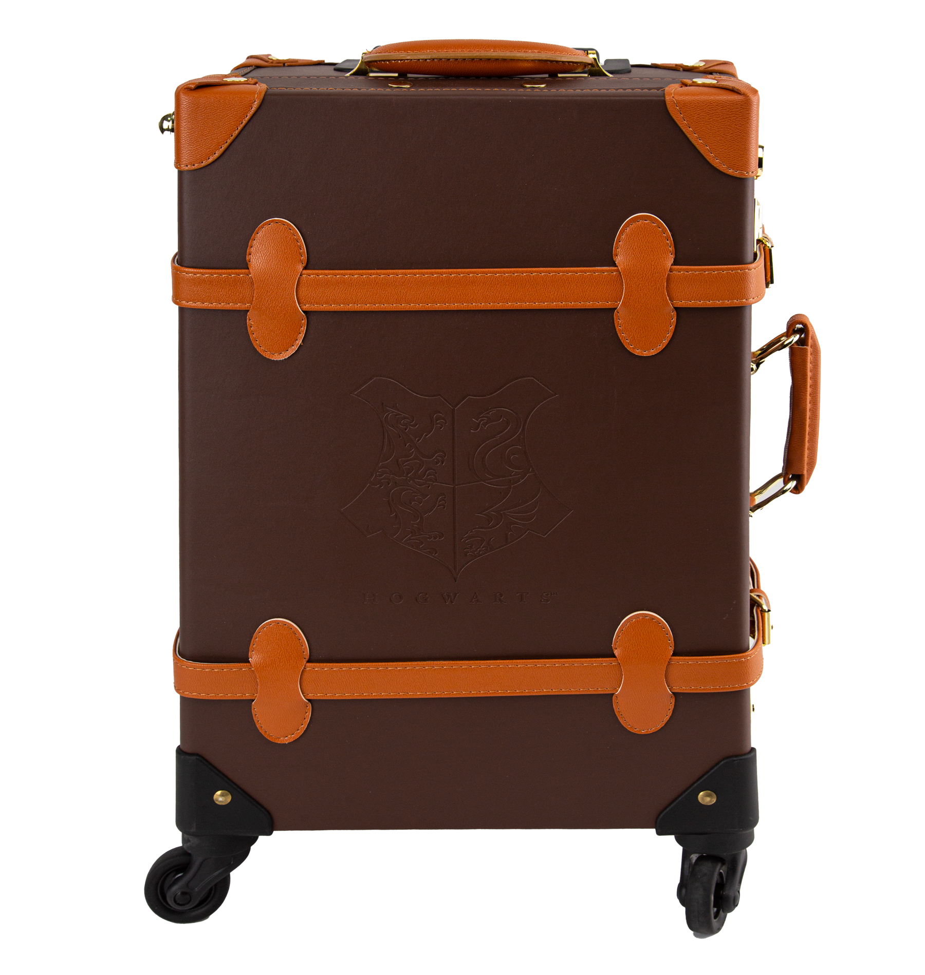 A brown travel case with orange handles and straps, featuring gold-plated clasps and a print of the Hogwarts house crest on the interior.