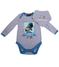 A babygrow and bib set for infants, featuring light grey color with blue trim and Ravenclaw house symbols from the Harry Potter series.