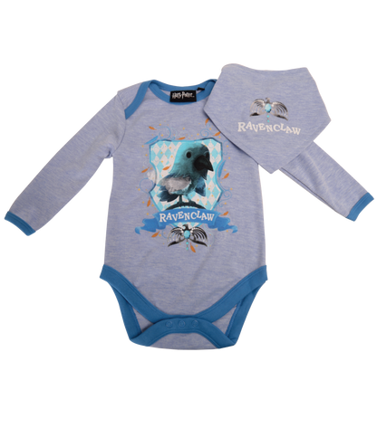 A babygrow and bib set for infants, featuring light grey color with blue trim and Ravenclaw house symbols from the Harry Potter series.