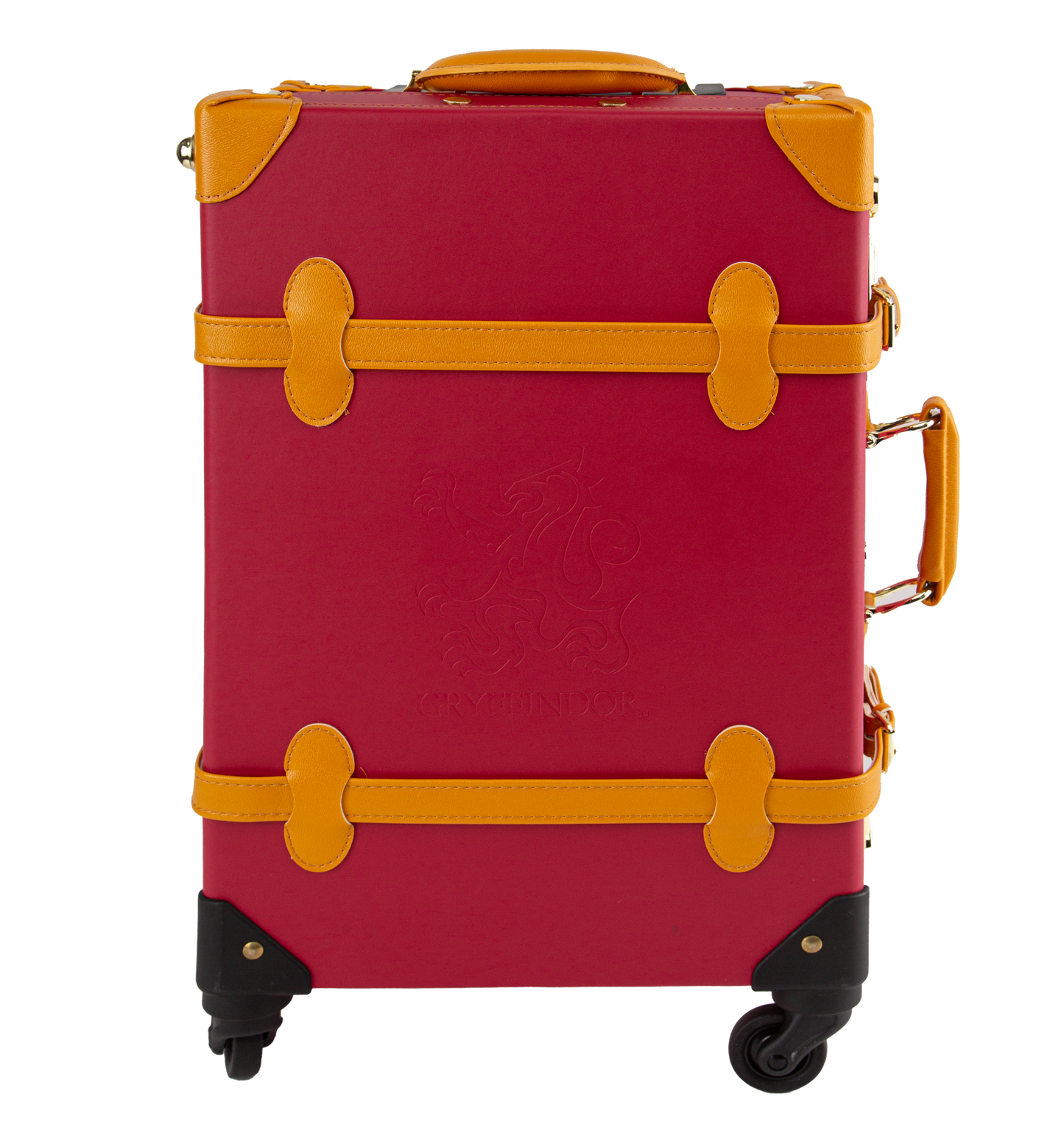 A red and yellow Gryffindor travel case with gold-plated clasps and canary yellow handles, featuring the Gryffindor house crest on the front.