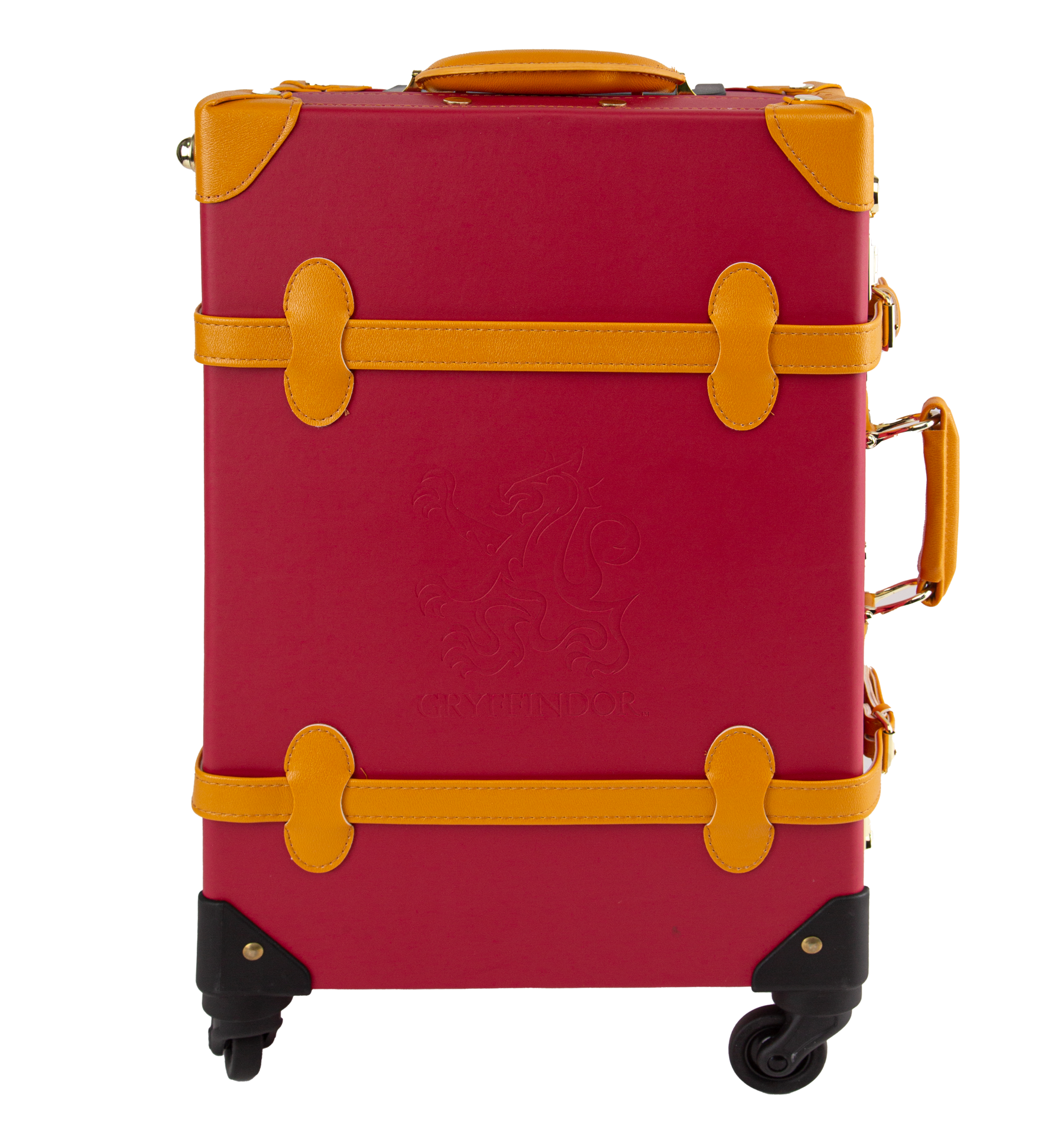 A red and yellow Gryffindor travel case with gold-plated clasps and canary yellow handles, featuring the Gryffindor house crest on the front.