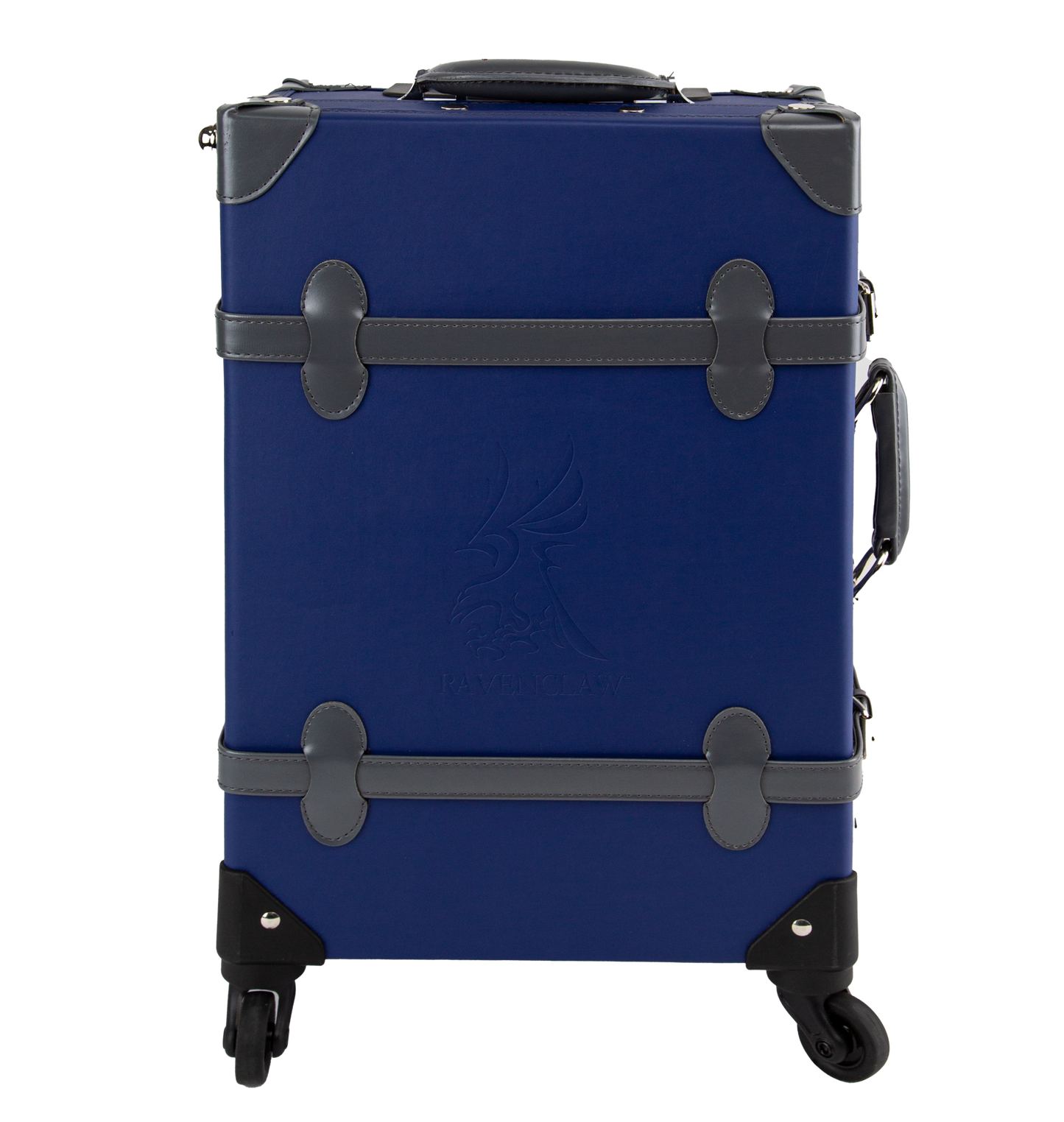 A navy blue Ravenclaw travel case with grey handles and straps, featuring silver-plated clasps and four rotating wheels.