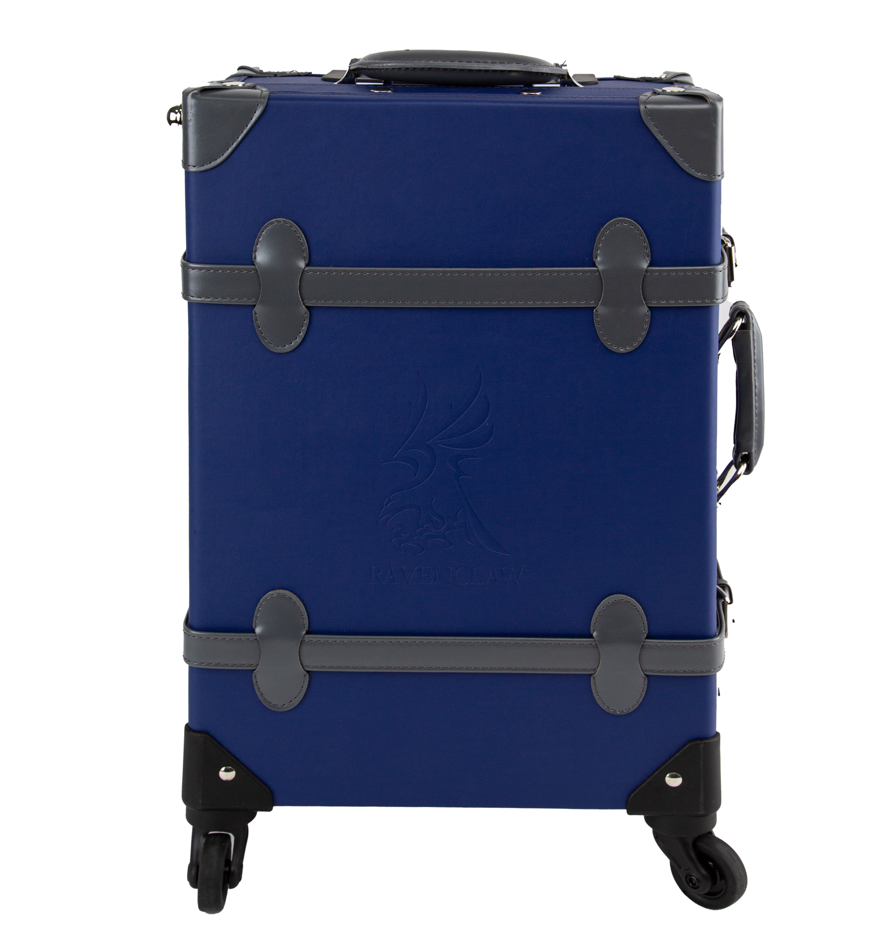 A navy blue Ravenclaw travel case with grey handles and straps, featuring silver-plated clasps and four rotating wheels.