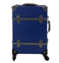 A navy blue Ravenclaw travel case with grey handles and straps, featuring silver-plated clasps and four rotating wheels.