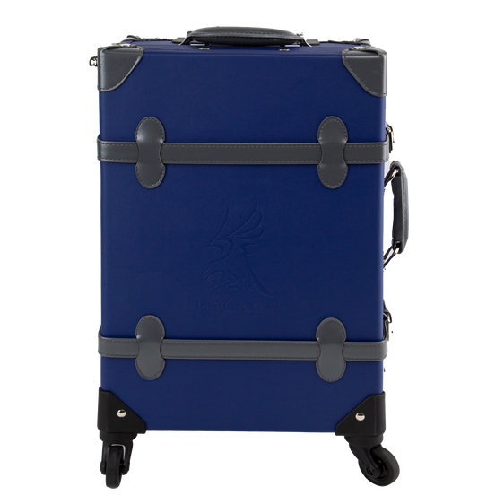 A navy blue Ravenclaw travel case with grey handles and straps, featuring silver-plated clasps and four rotating wheels.